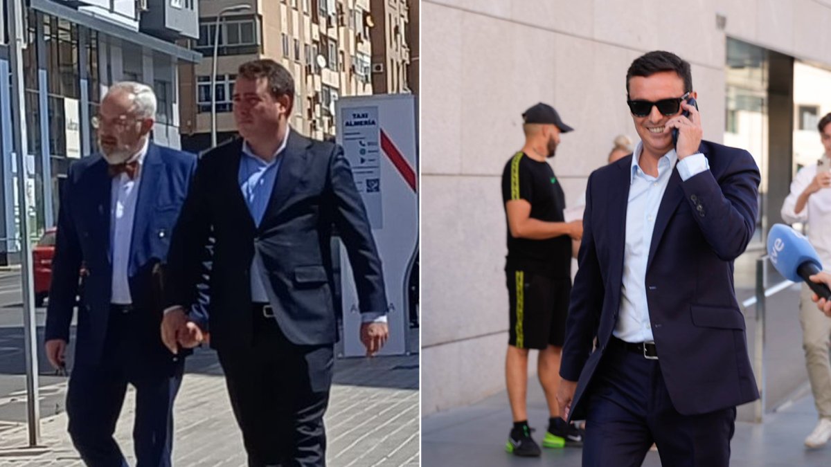 Fernando Giménez y Javier Aureliano García, en sus respectivas salidas de la Ciudad de la Justicia tras comparecer ante el juez por el Caso Mascarillas.