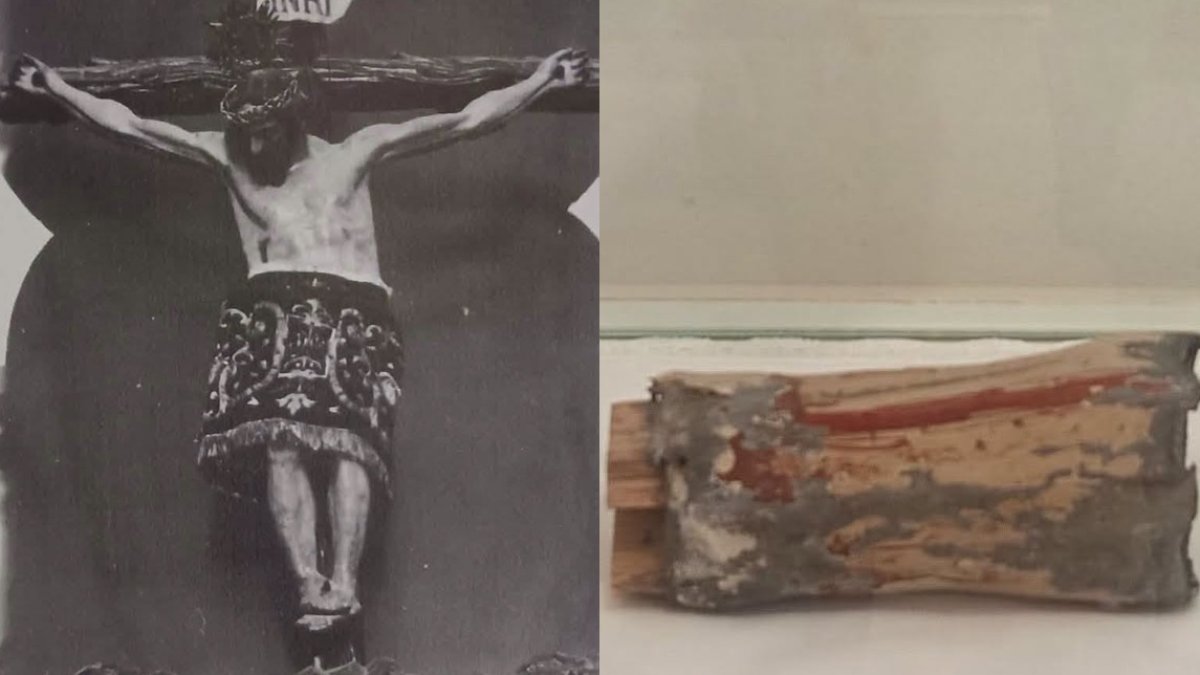 A la izquierda, fotografía de la antigua imagen del Cristo de la Luz; a la derecha, fragmento conservado por la Hermandad.