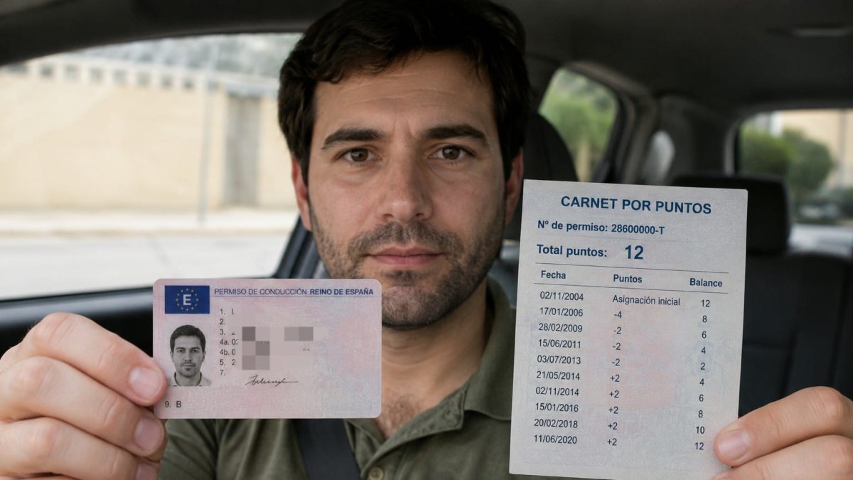 Imagen creada por IA de un conductor sosteniendo su carnet y el cómputo de puntos.