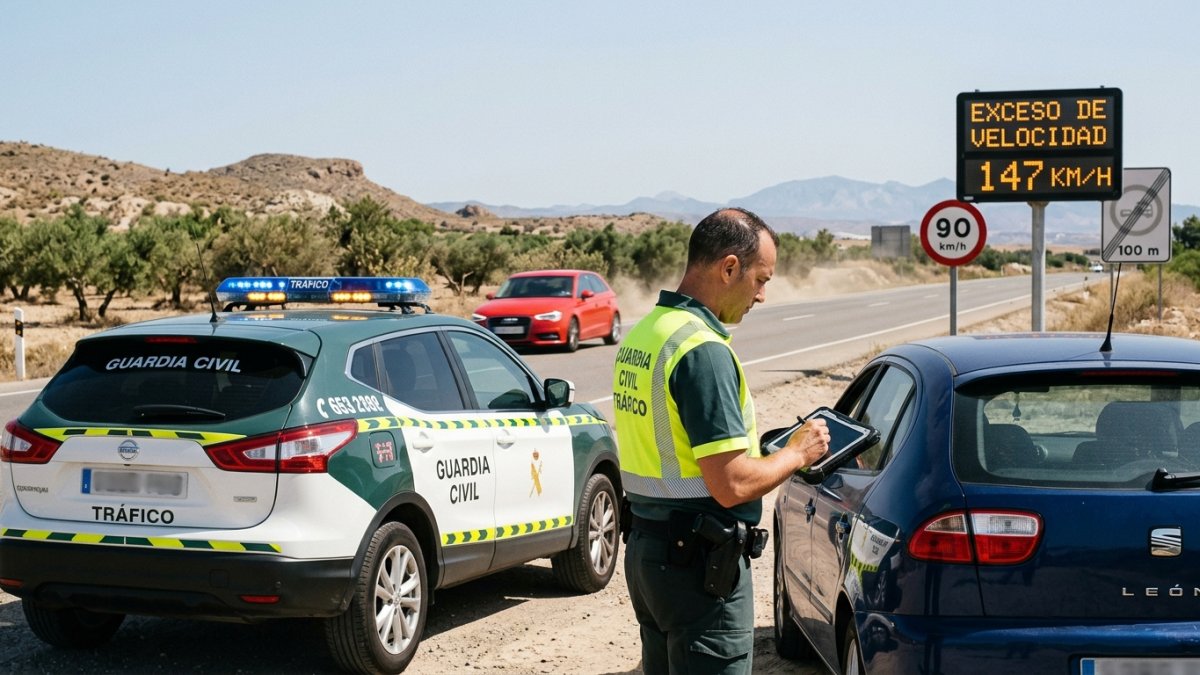 Un agente de la Guardia Civil de Tráfico sanciona a un conductor por exceso de velocidad. Imagen creada por IA.