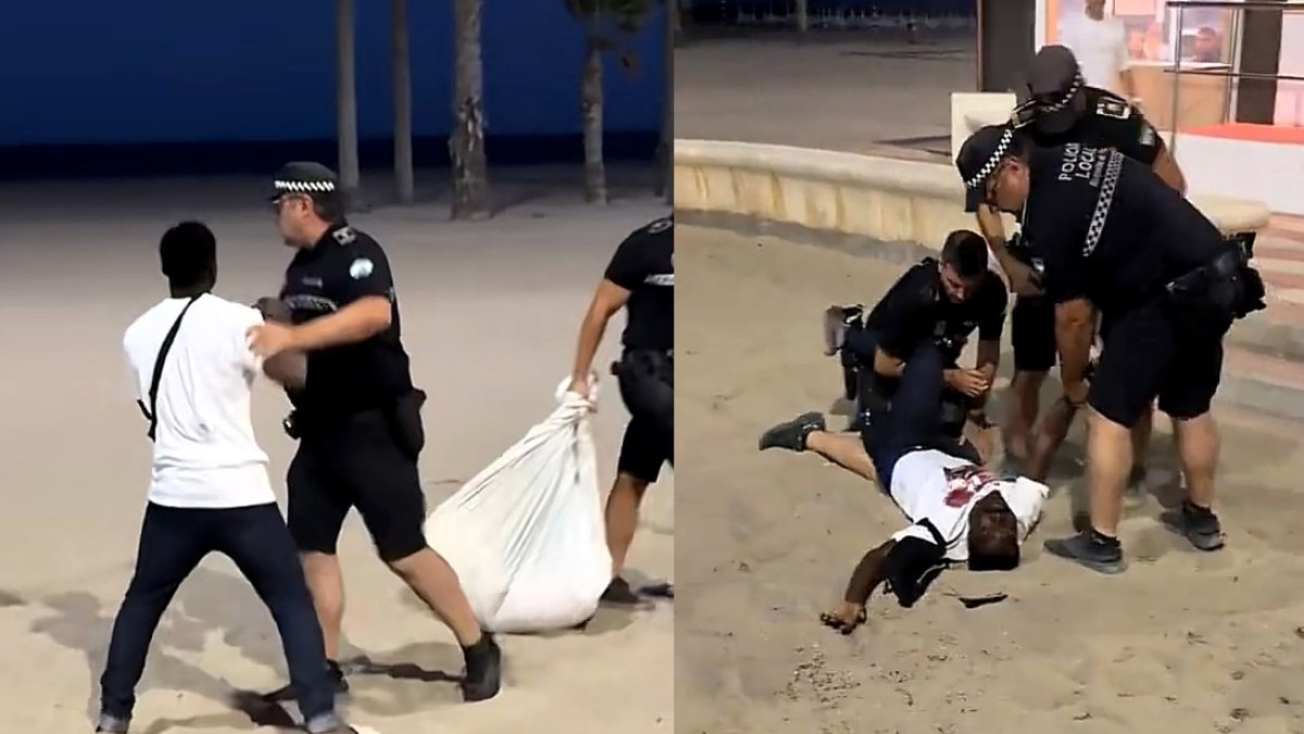 Dos momentos del enfrentamiento entre la Policía Local de Roquetas y los manteros.