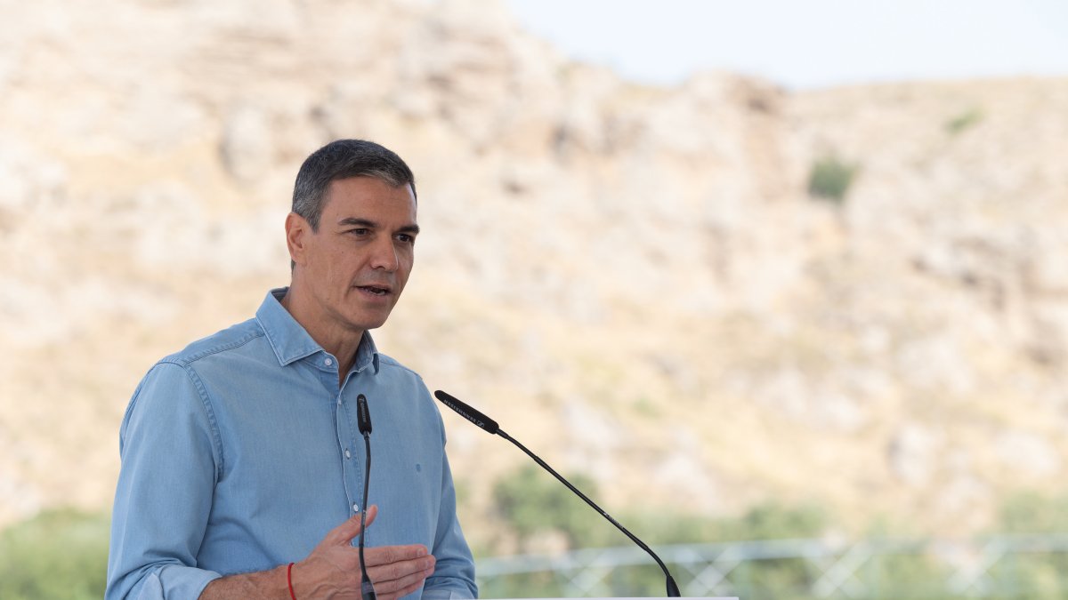 El presidente del Gobierno, Pedro Sánchez, durante la presentación del Plan Estatal de Fertilizantes, en la Finca de Maíz, a 6 de julio de 2026, en San Martín de la Vega, Madrid (España).