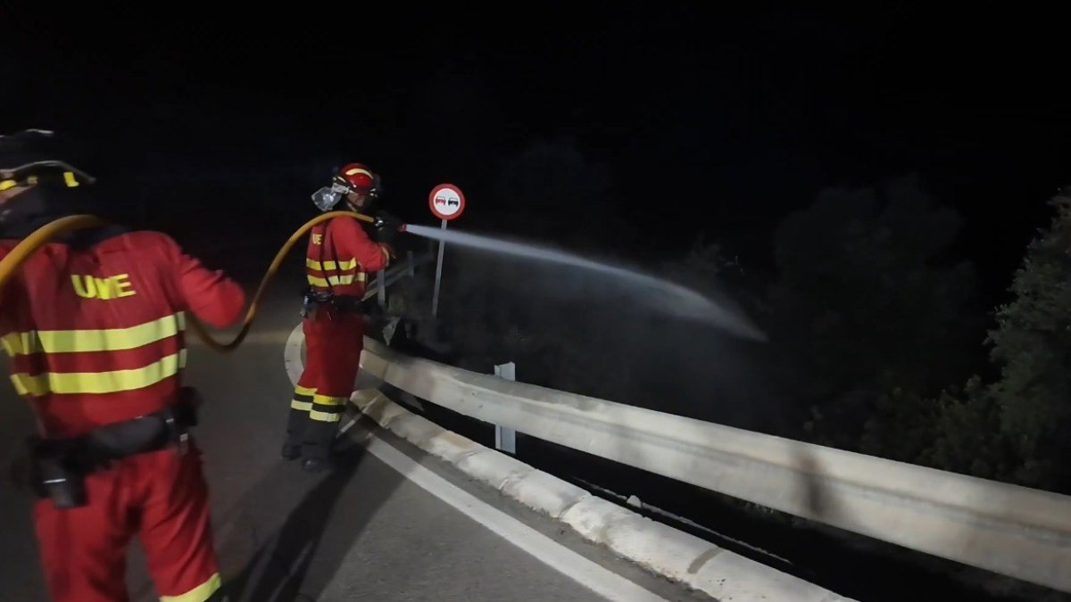 Un equipo de la UME actúa contra el incendio de Los Gallardos (Almería) en la madrugada del domingo 12 de julio.