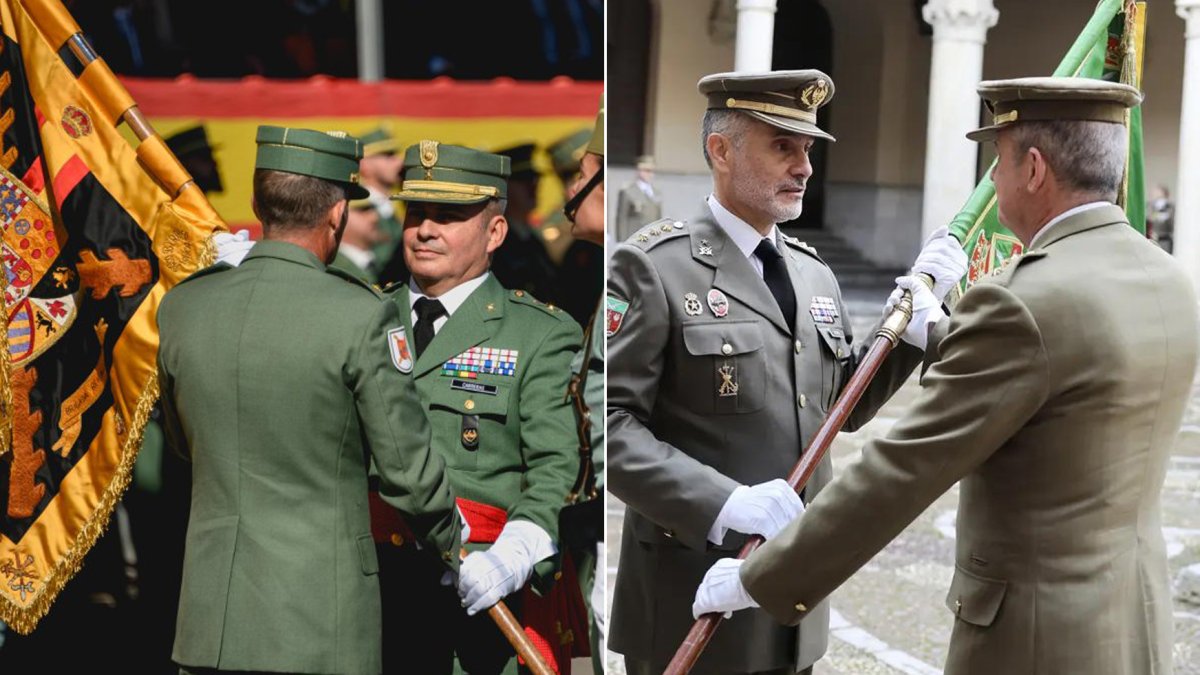 A la izquierda, Carreras Postigo en su toma de posesión como jefe de la BRILEG; a la derecha, imagen de archivo del nuevo jefe de brigada de La Legión, Moreno Arenas.