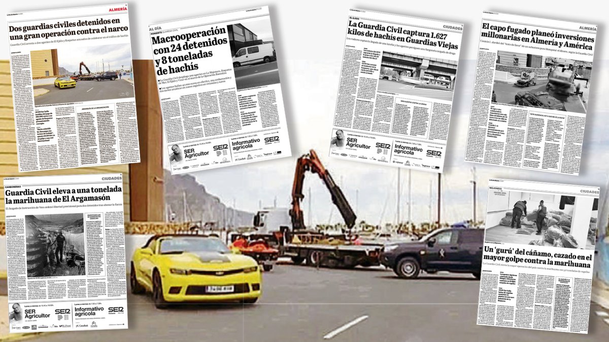 Imagen de una de las operaciones de OCON-Sur en Almería, junto a varias noticias sobre su trabajo contra el narcotráfico en la provincia.