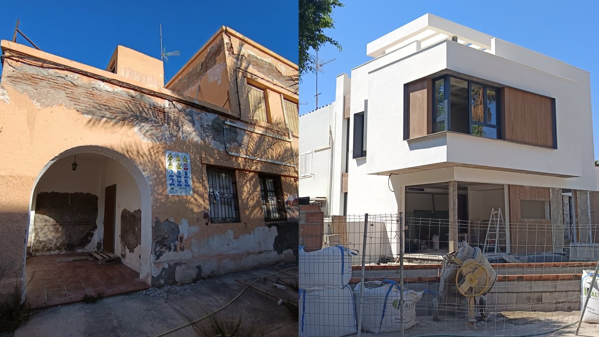 Una de las casas que aún mantiene casi la totalidad de la estética del Ciudad Jardín primigenio y una de las nuevas viviendas que se está construyendo actualmente.
