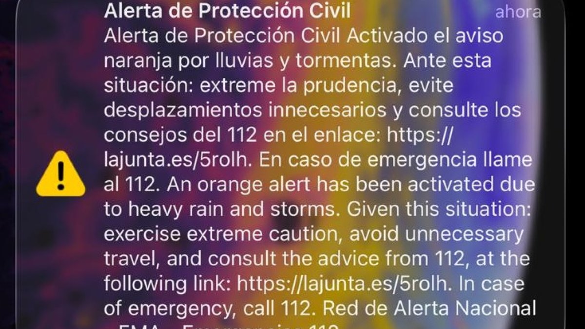 Mensaje de alerta de Protección Civil por fuertes lluvias y tormentas en el Levante almeriense y Níjar.