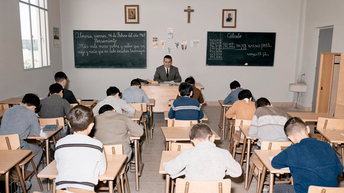 Clase del maestro don José Sánchez en el colegio de Pescadería. En la pared, los retratos de Franco y José Antonio custodiaban el crucifijo.