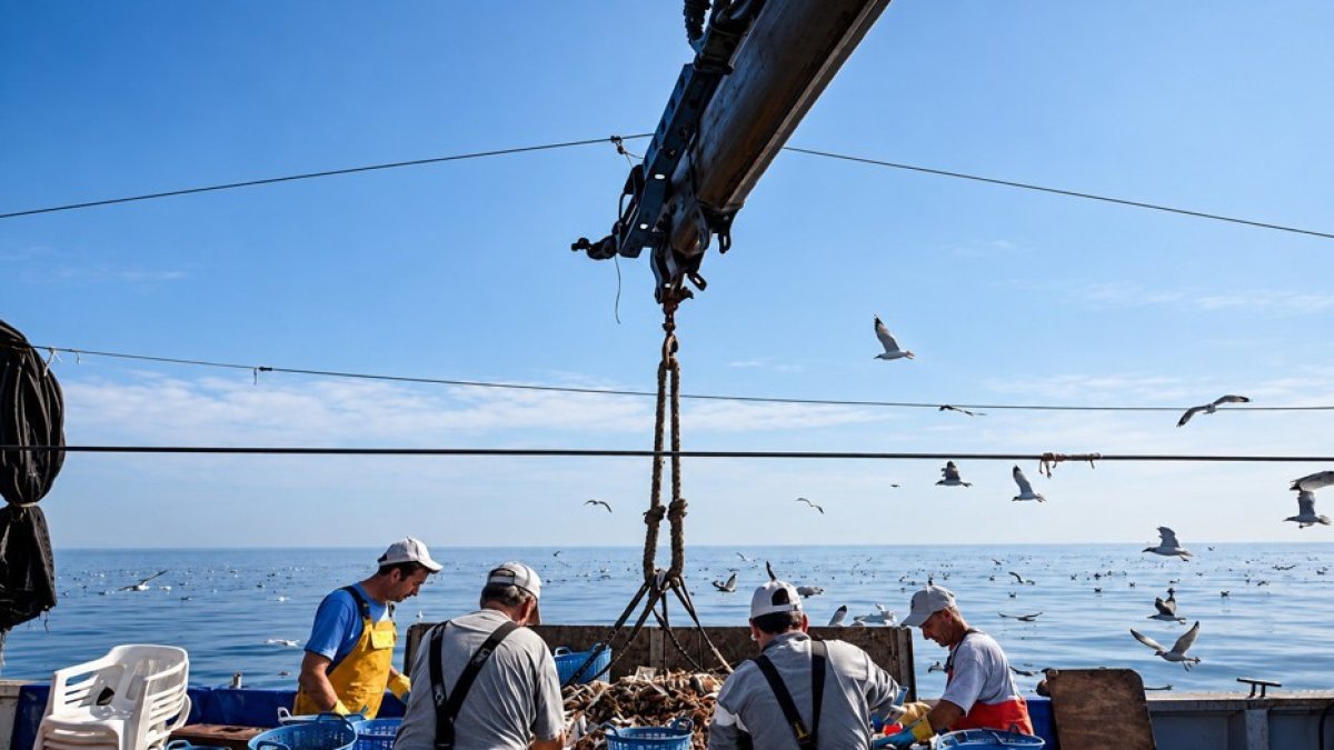 Archivo - Pescadores durante una jornada de trabajo a bordo de una embarcación.