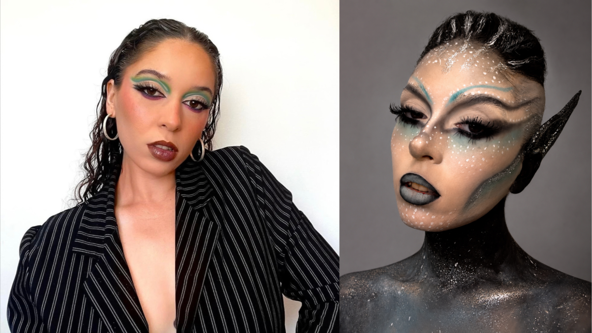 Laura Parra, maquilladora almeriense. A la izquierda, un resultado tipo 'social'. A la derecha, un maquillaje artístico ambientado en una ninfa.