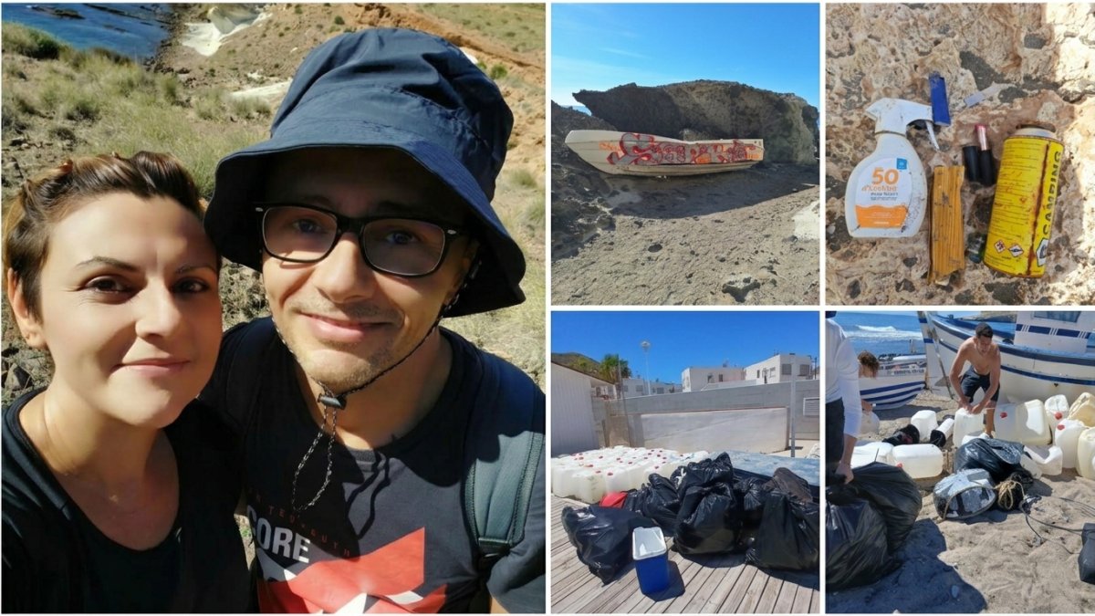 Fernando y Carmen y algunas imágenes de los residuos encontrados durante sus rutas por el Cabo de Gata.