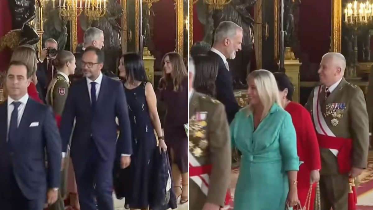 A la izquierda, Antonio Hernando y Anabel Mateos, ante Felipe VI; a la derecha, el teniente general Cabrerizo Calatrava saludando al rey.