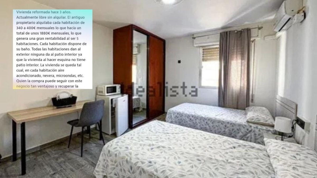 Foto de una de las habitaciones acompañada de una imagen del texto.