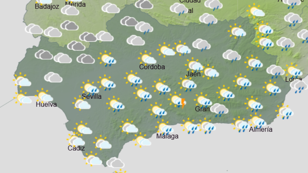 Mapa de Andalucía con la previsión de lluvias para la jornada del sábado