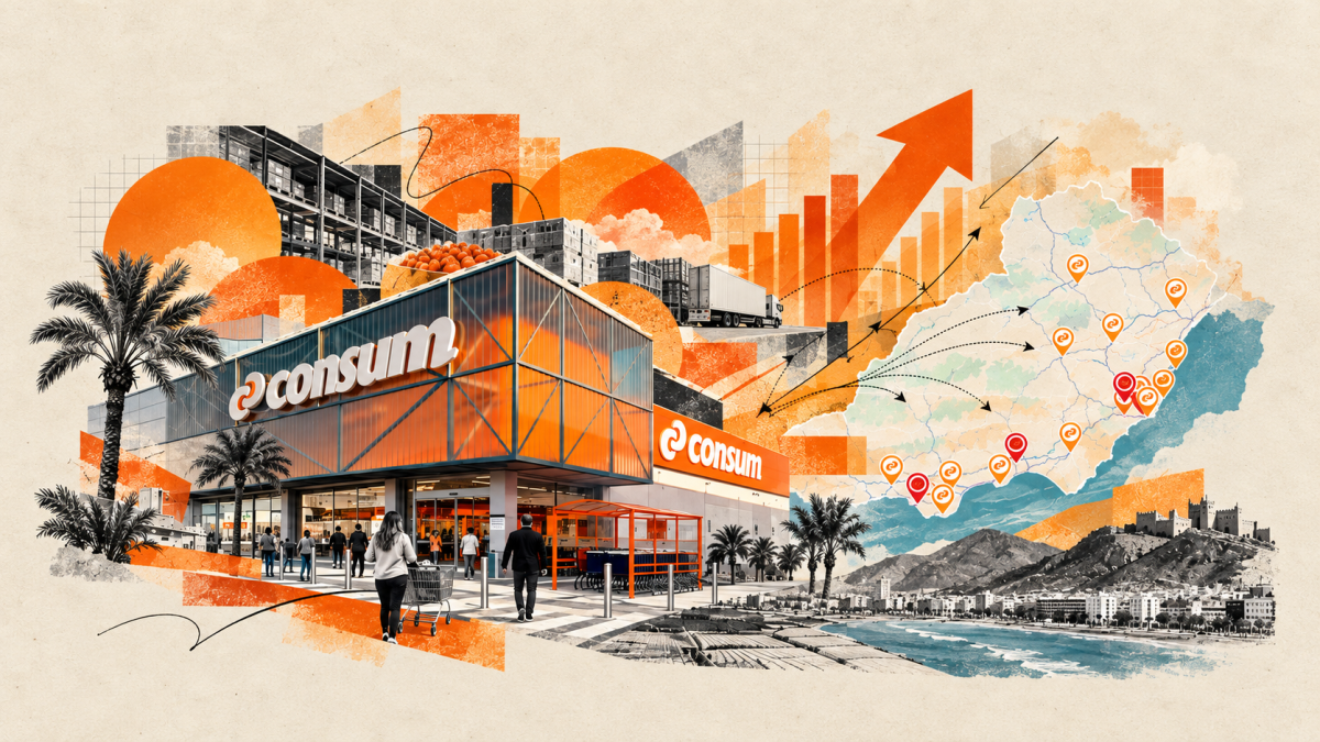 Expansión de Consum en Almería. Collage elaborado con inteligencia artificial.