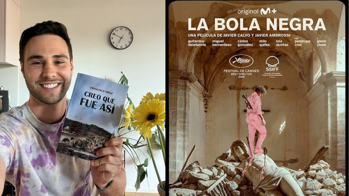 Fran Ortiz, sobrino de Cristina La Veneno, junto al cartel de 'La bola negra'.