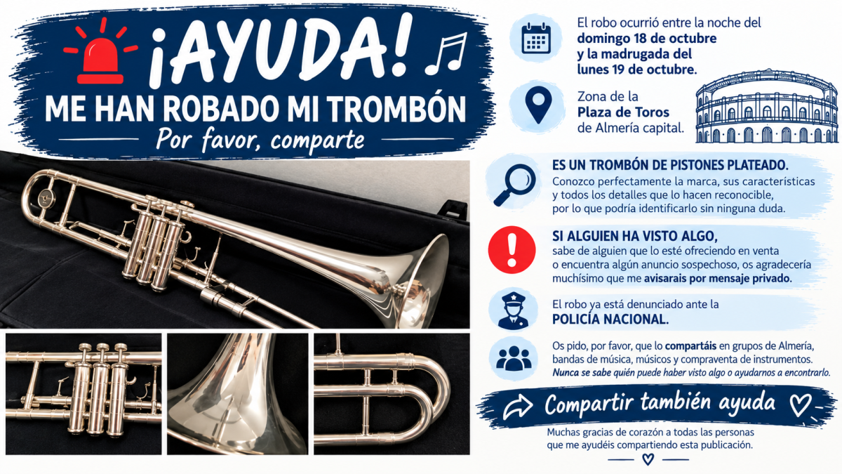 La música a la que han robado el instrumento ha publicado mensajes como este en sus redes para pedir la colaboración ciudadana.