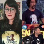 Paula García luciendo una de sus creaciones, inspirada en ET y los personajes de Snoopy. A la derecha, dos de sus diseños vistos en TV.