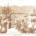 Dibujo a carboncillo de repatriados a su llegada al puerto de Almería en el Vapor Victoria Española