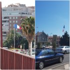 Dos fotografías en las que puede verse la bandera de Francia en la glorieta de la Estación Intermodal.