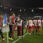 Los jugadores celebrando uno de los goles en La Romareda.