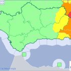 Mapa andaluz con el aviso naranja en las comarcas del Levante y el interior de Almería.
