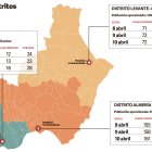 Mapa con los datos de los tres distritos sanitarios de la provincia.