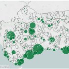 Captura de pantalla del mapa de Andalucía con una representación gráfica de los positivos de cada municipio.