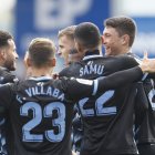 El Almería celebrando el primer gol de Akieme.