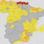 Mapa de la Aemet con los avisos activos en todo el país.