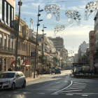 Almería luce su decoración navideña vista desde Puerta de Purchena.