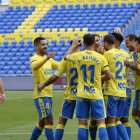 Los jugadores de Las Palmas celebran el gol al Espanyol.