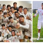 Rachad, con el 19, disfrutando con los compañeros del triunfo de España.