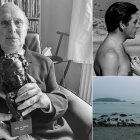Carlos Saura, con el Goya de Honor que recibió hace unos días en su casa; al lado, dos escenas rodadas en Almería.
