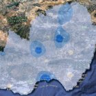 Mapa de la Red Hidrosur con las zonas con más lluvia, marcadas en azul oscuro.