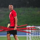 Gaizka Garitano en el campo Anexo en su primer entrenamiento como míster del Almería.