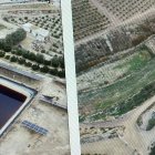 Imágenes entregadas al juzgado por la comunidad con el presunto colorante (izquierda) en una de las balsas fotografiadas.