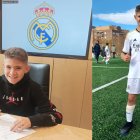 Manu Duarte firmando su contrato con el Real Madrid y posando con la elástica de un gran club.