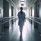 Imagen de archivo. Enfermera recorriendo un pasillo de hospital.