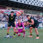 Marcos Peña, Bruno Iribarne y Rachad Fettal celebrando el pase del filial en 'La Victoria'.