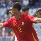 Pubill celebrando el gol que ponía por delante a España frente a Uzbekistán en los Juegos.