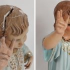 Antes y después del Niño Dios de Alhama tras el accidente.