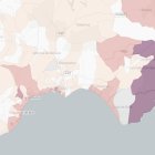 Masificación de pisos turísticos por colores en Almería, según el INE.