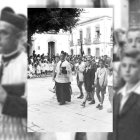 El Padre Gallego al frente de la procesión de los Luises, bajando por el Paseo a la altura de la calle Lachambre. Años 50.
