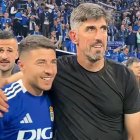 Portillo y Paunovic celebrando el retorno del Real Oviedo a Primera División.