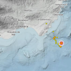 Mapa con el registro de las más recientes réplicas del gran terremoto de Cabo de Gata del pasado lunes.