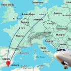 Montaje trayectoria desde Almería a diferentes ciudades europeas.
