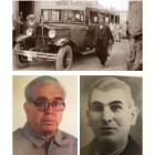 Ramón del Pino Alvarez apoyado en su primer vehículos de pasajeros y al volante su hijo Ramón del Pino Nieto. Debajo, retrato de los dos.