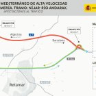 Mapa de las afectaciones al tráfico en el tramo Níjar-Río Andarax de la Alta Velocidad.