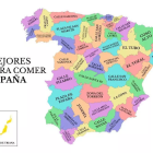 Mapa de la revista Viajar con las mejores calles para comer de cada provincia de España.